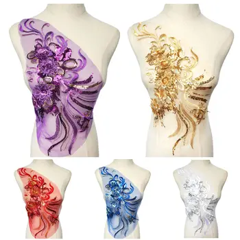 

Gold Silver 3D Flowers Sequin Tassel Embroidered Appliques Mesh Lace Trims Collar Sew On Patch For Wedding Decoration Dress DIY