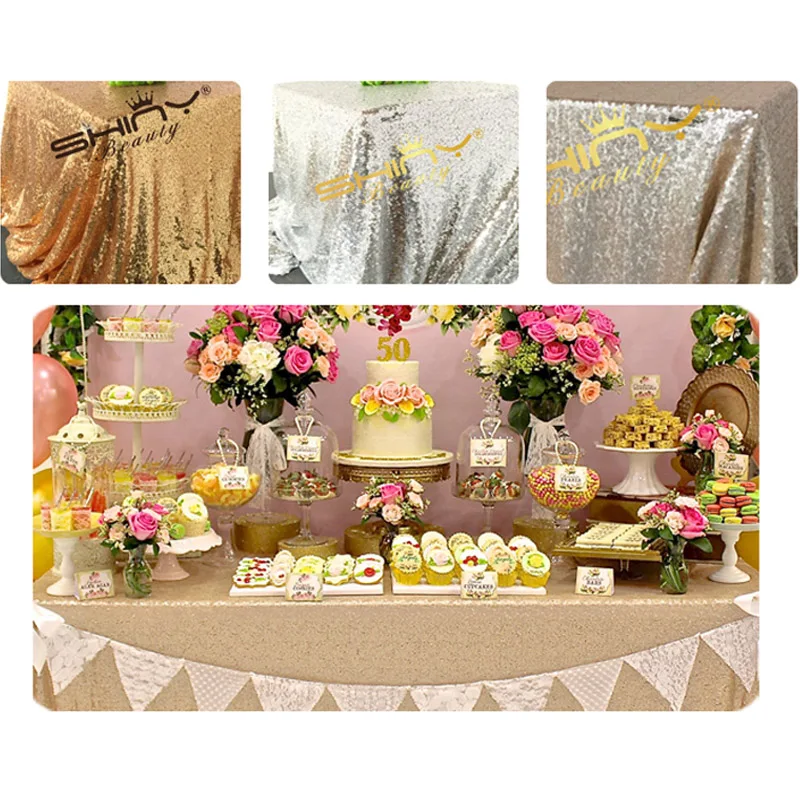 Free Shipping 125x180cm Champagne Gold Silver Embroidery Mesh Sequin Tablecloth Sequin Table Overlay for Wedding Party