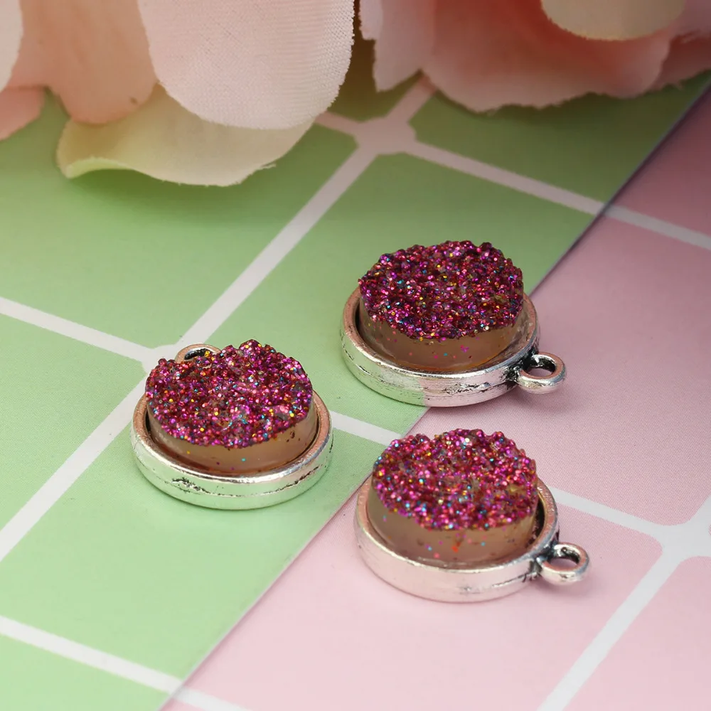 Doreenbeads цинковый сплав на основе и смолы Drusy Талисманы Круглый старинное серебро Multi Цвет AB Цвет 18 мм(6/8") x 15 мм(5/"), 20 шт