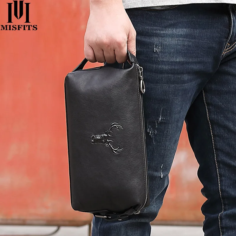 

MISFITS 100% genuine leather men makeup bags high quality cow leather cosmetic bag travel casual toiletry case for male wash bag