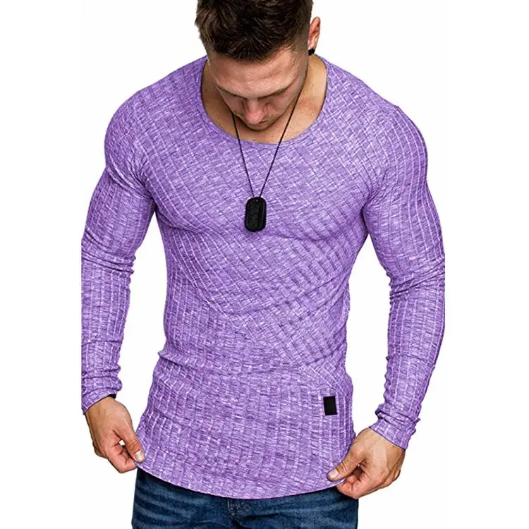 Men's Jacquard Weave Striped Long Sleeve T Shirt Longline Streetwear ...