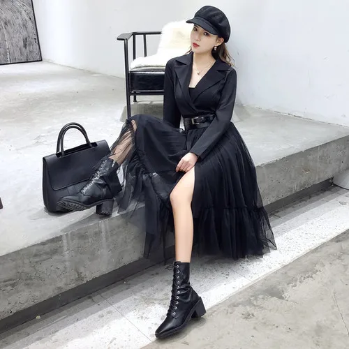

Spring 2019 Korean Fake Two Pieces Mesh Women Dresses Elegant Midi Patchwork Office Lady Vestido Longo High Waist Dress