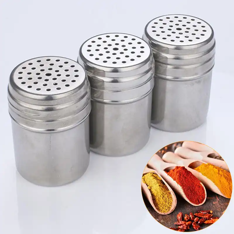Stainless Steel Spice Jar Dredge Salt Sugar Spice Pepper Shaker Seasoning Can Rotating Cover