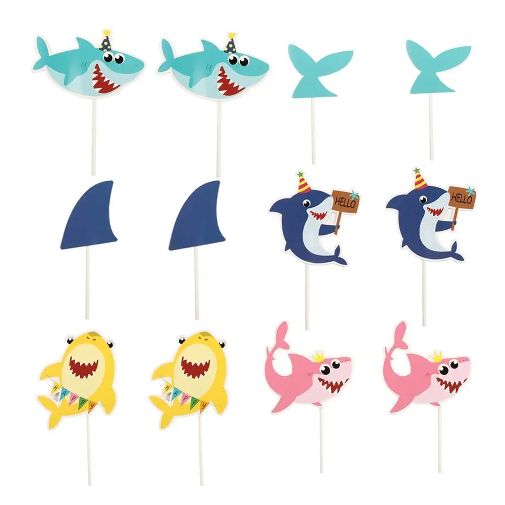 

12pcs/set Shark Cake Topper Baby Topper Birthday Babies Lovely Cartoon Whale Toothpicks Kids Baby Shower Ocean Theme Supplies