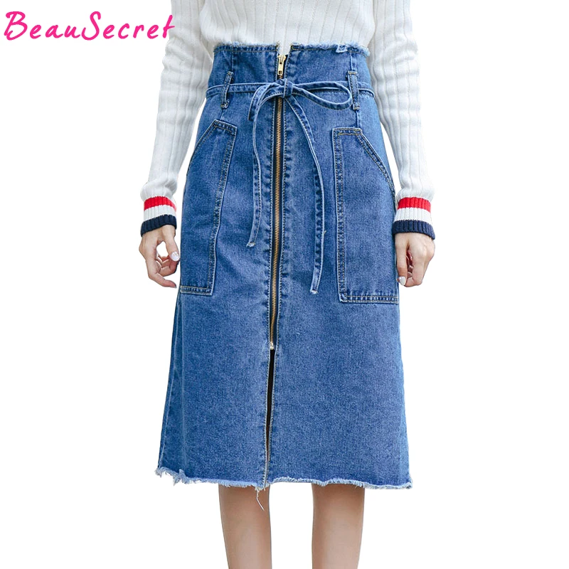 Korean Vintage Denim Skirt Women Midi Lace Up A Line Skirts Women's Zipper Pockets High Waist