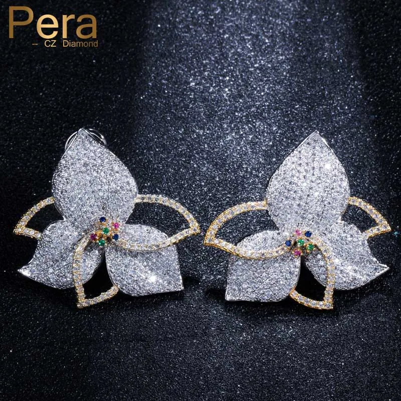 Серьги-гвоздики Pera Sparkling Mirco Pave с кубическим цирконием, романтические серьги с большим цветком из розового золота для женщин, вечерние серьги E150 - Окраска металла: White Color