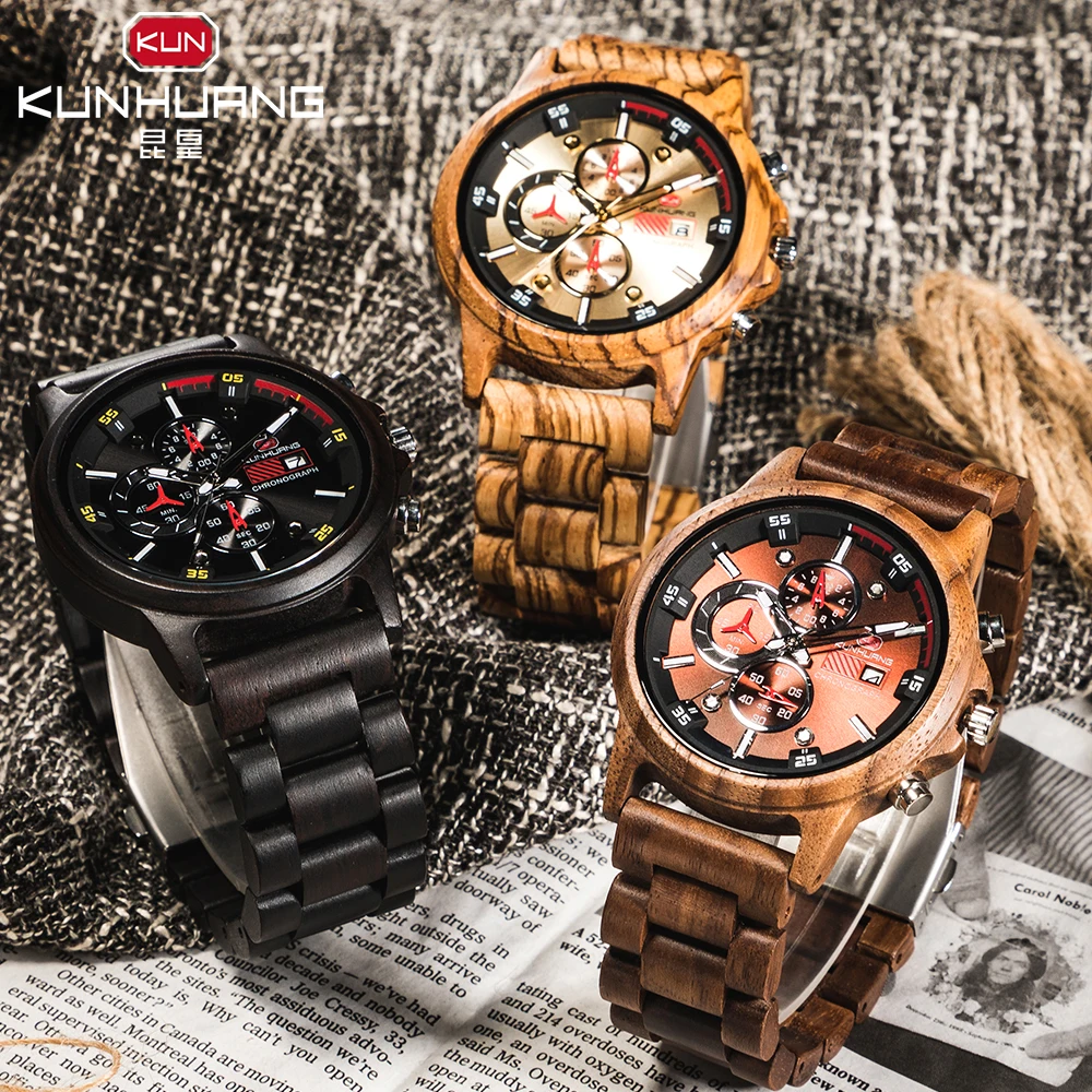

Luxury Brand wooden Wristwatch Men Timepieces Chronograph Wood Watch Military Date Calendar Quartz Watches in Box