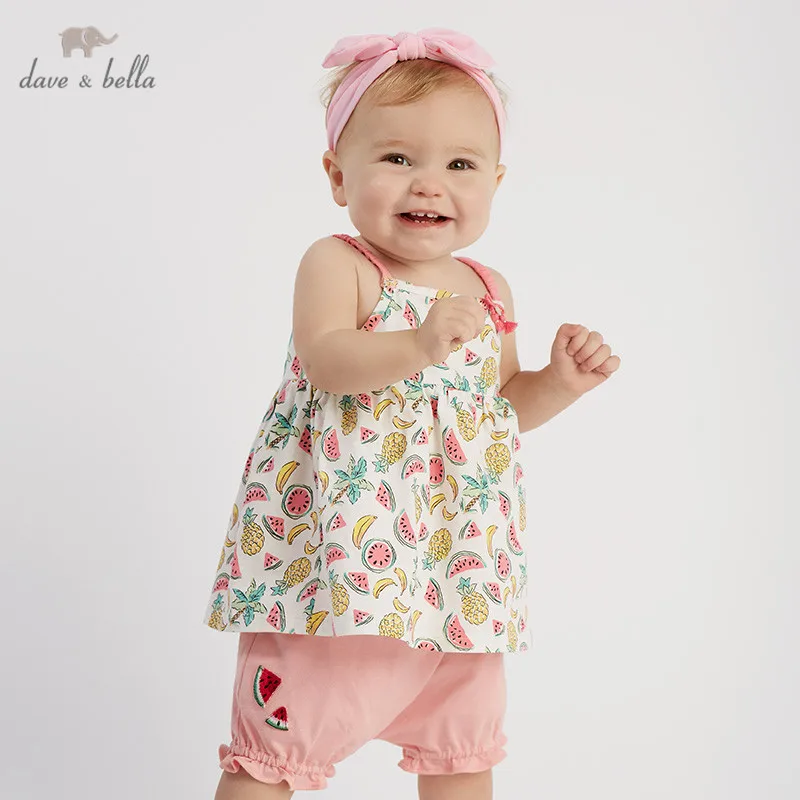 

DBJ10121 Dave bella summer baby girls clothing sets cute fruit print bow children suits infant high quality clothes girl outfit