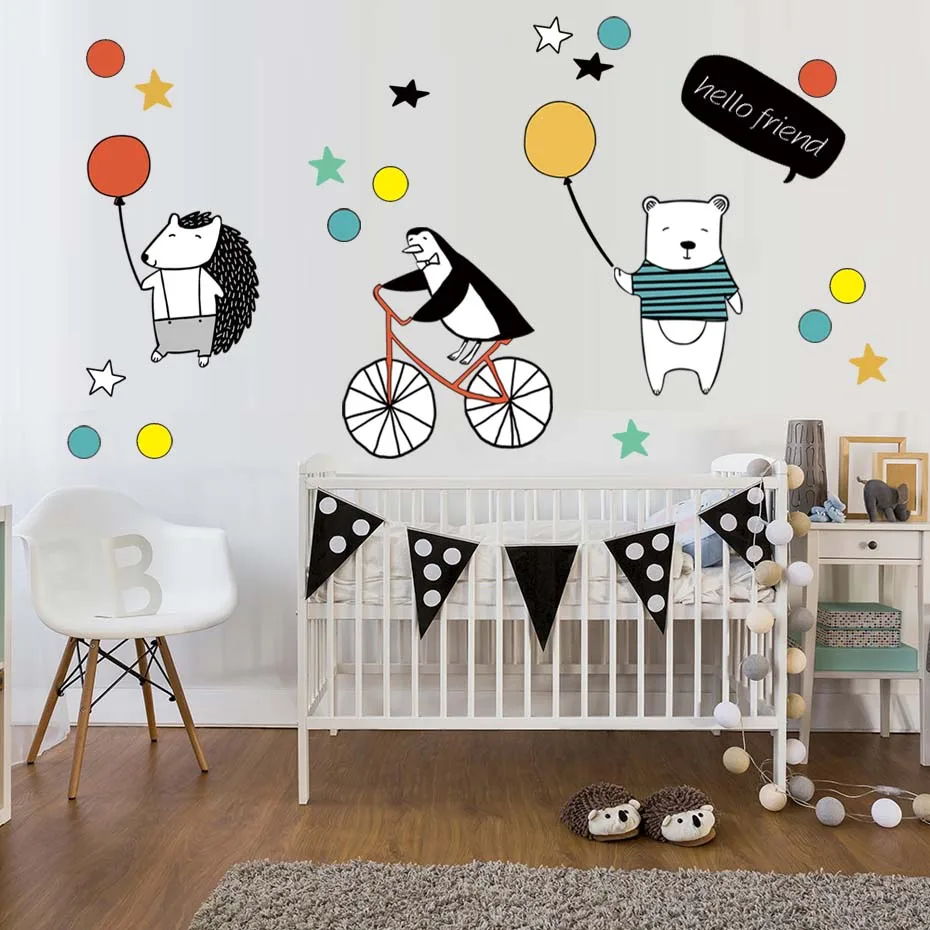 Bear Hedgehog & Penguin Greeting Wall Stickers Hello Friends Quote Decals Cartoon Animals With Balloon Kids Room Home Decora Art (1)