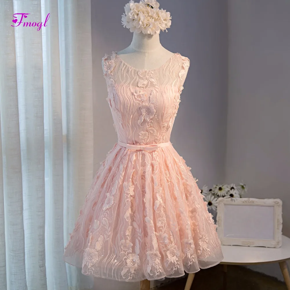 

Fmogl Graceful Scoop Neck Sleeveless Pink Lace Cocktail Dresses 2019 Fashion Sashes Graduation Dressses Short Prom Party Gown