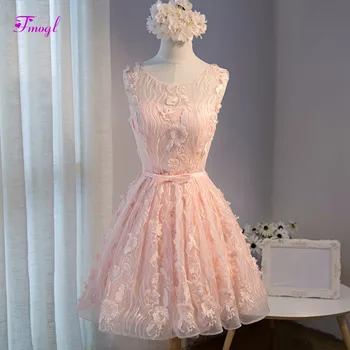 

Fmogl Graceful Scoop Neck Sleeveless Pink Lace Cocktail Dresses 2019 Fashion Sashes Graduation Dressses Short Prom Party Gown
