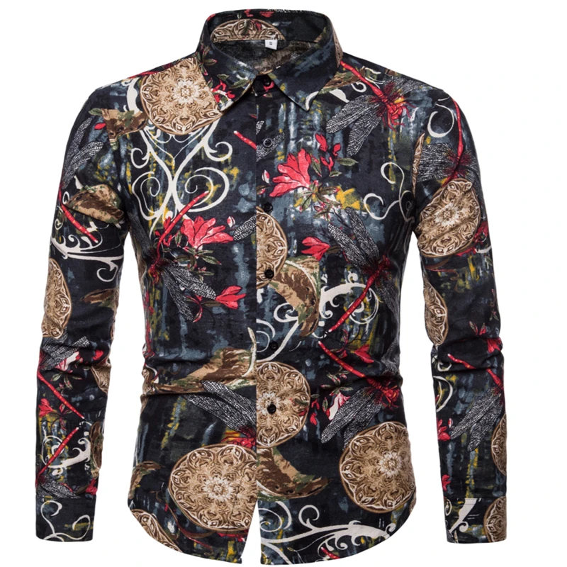 S XXL Men Shirt 2018 Autumn Printed Long Sleeve Shirt Masculina Social