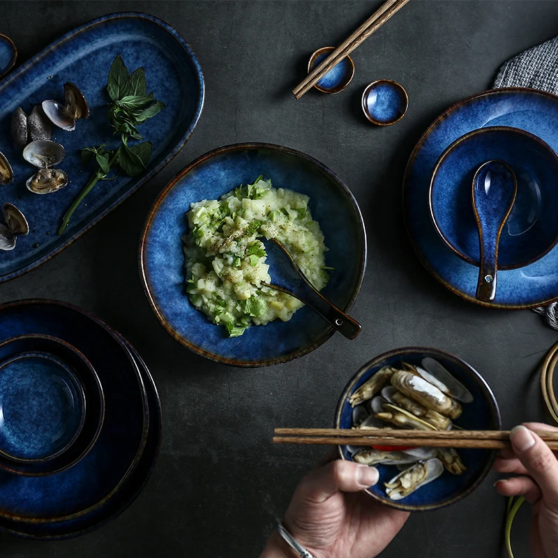 NIMITIME, японский стиль, керамическая синяя серия, домашнее блюдо, миска для супа, миска для риса, тарелка для рыбы, набор посуды