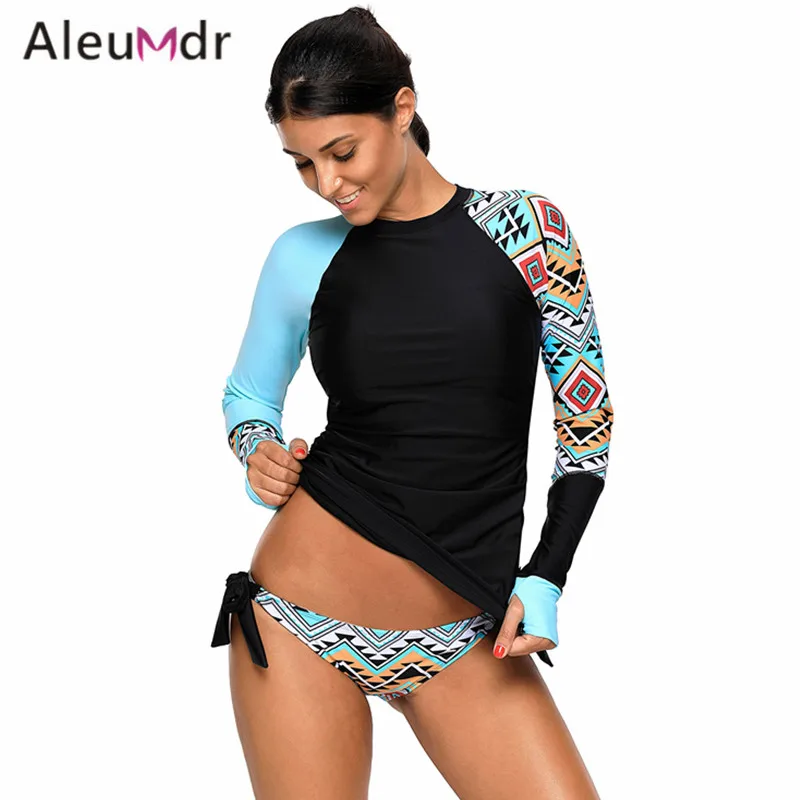 Aleumdr Rashguard купальный костюм для женщин Ретро детальный принт длинный рукав