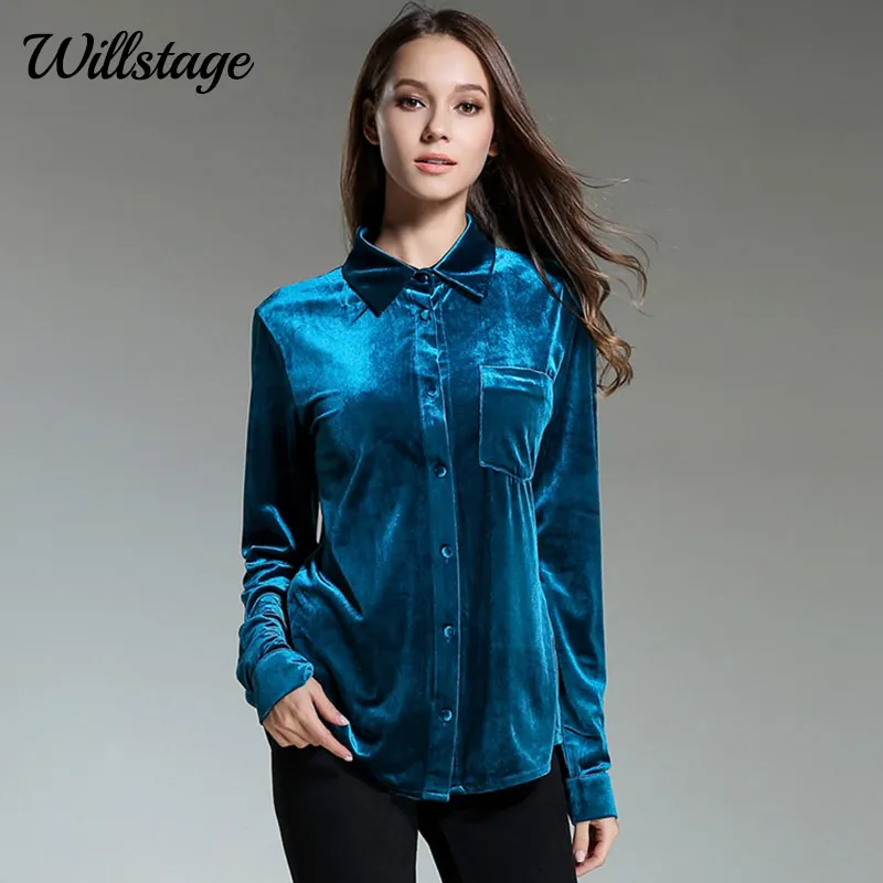 Willstage Long Sleeve Velvet Shirts Women Peacock Blue Blouse New 2018