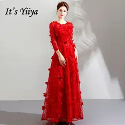 Это YiiYa платья для выпускного вечера 2018 красный цветочный круглым вырезом рукавом три четверти рукавами трапециевидной формы длиной до