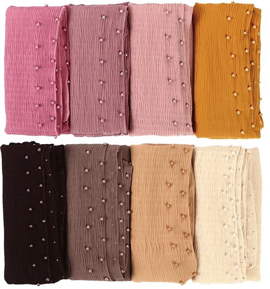 

10pc Chiffon wrinkle scarf pearl edges shawl plain maxi ripple hijab long pashmina muffler muslim scarf fashion scarves 21colors
