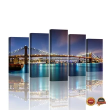 5 Panels Poster Brooklyn Bridge Wall Paper New York Night View LED light Giclee Canvas Prints