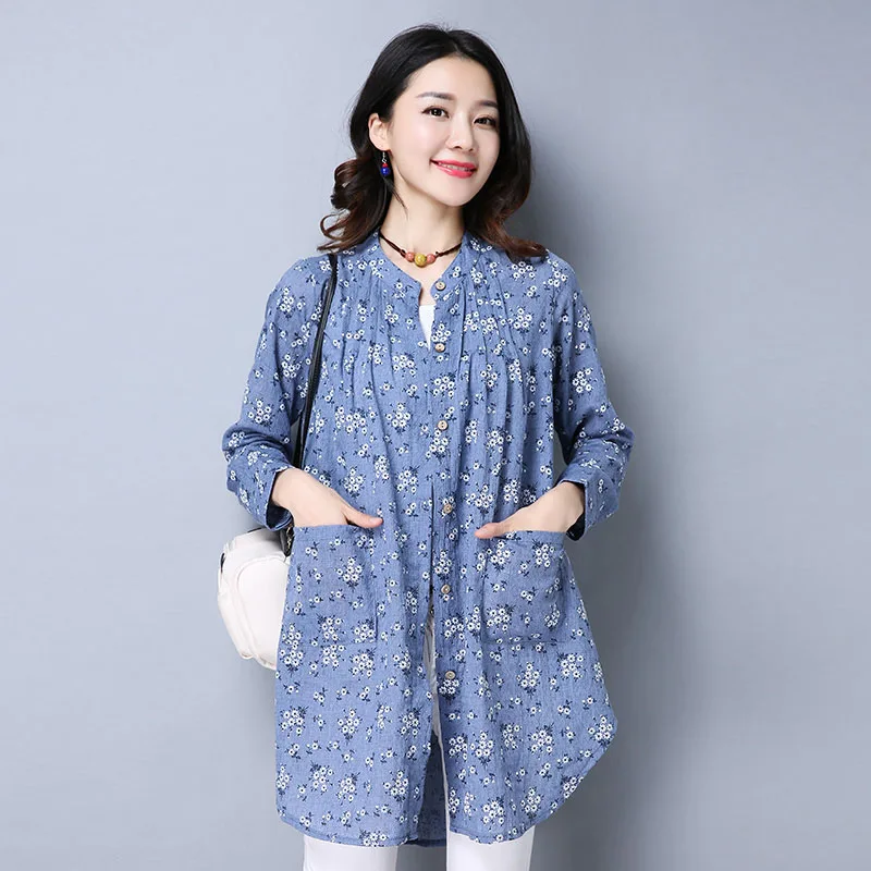 

QPFJQD Women Floral Print Cotton Linen Blouses Stand Collar Pockets Female Long Casual Shirts Loose Ladies Tops Plus Size 4XL