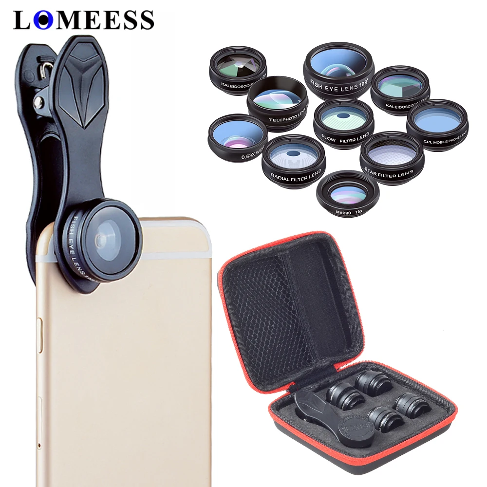 10 in 1 Phone Camera Lens Kit Fisheye Wide Angle macro Lens CPL Filter