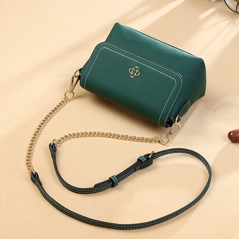 AOEO Genuine Leather Bag Female With Chains Ladies Cowhide Luxury Shoulder Handbags Girls Calfskin Crossbody Bags For Women