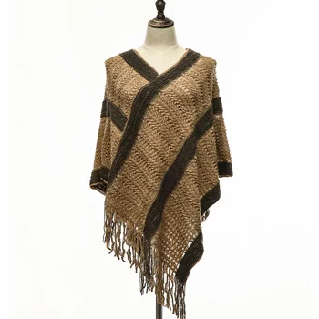 

2017 New arrival Women knitted shawl Stylish V-Neck striped tassel ponchos Autumn winter High grade Acrylic soft warm shawls