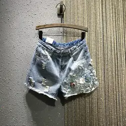 Летние новые женские шорты с цветочной вышивкой джинсовые мини синие жемчужные бусины уличная одежда классные женские шорты наивысшего