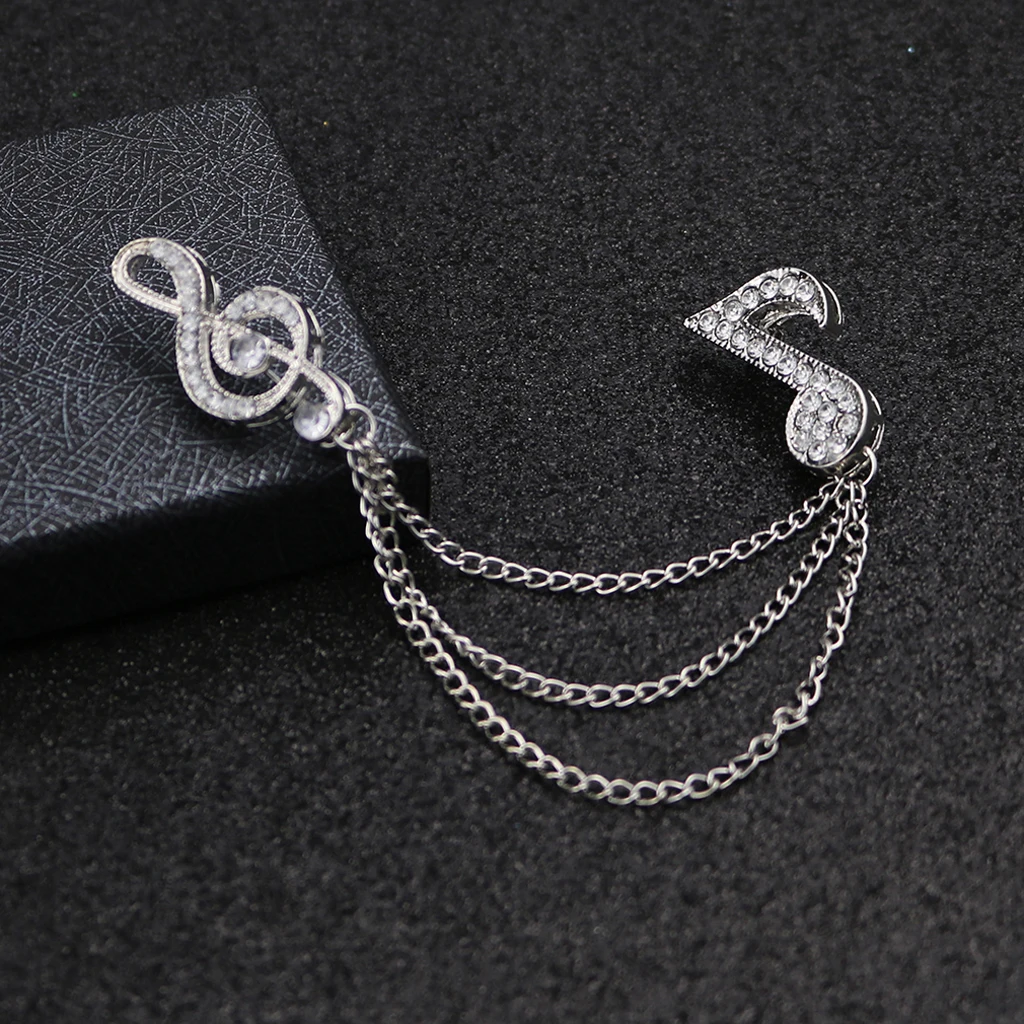 Crystal Music Note Chain Brooch Pin, Shirts Neck Collar Tips with Layers Tassel Chain Blouse Lapel Pins for men women