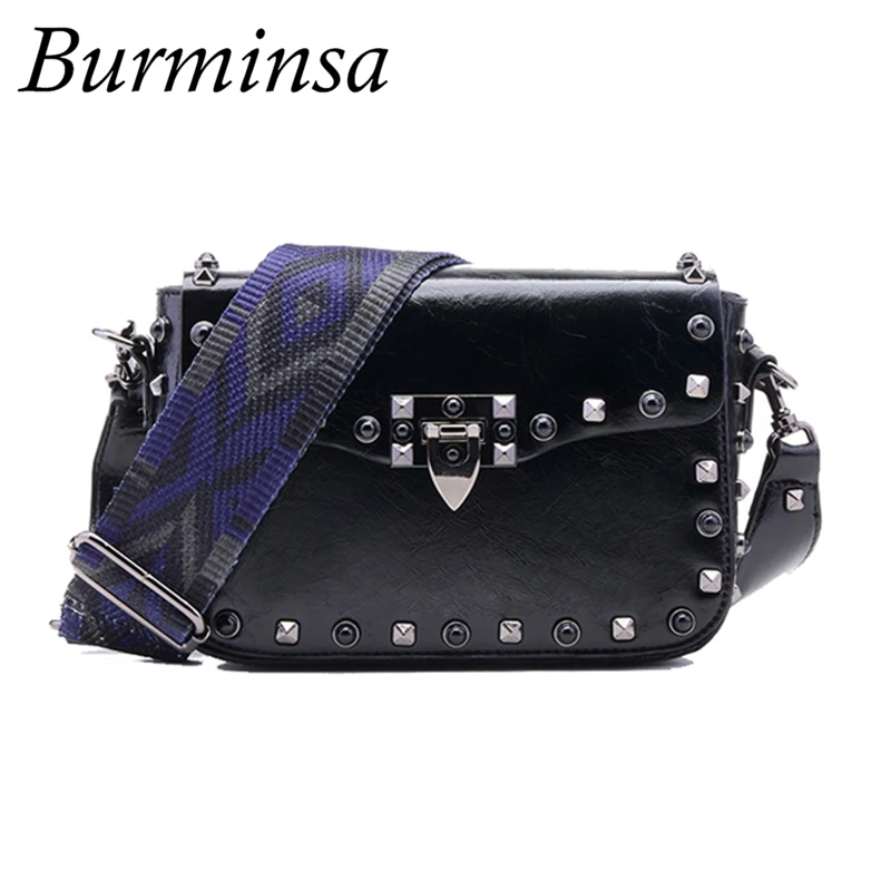 

Burminsa Brand Black Rivet Shoulder Messenger Bags Ladies Wide Strap Designer Handbag High Quality Crossbody Bags For Women 2017