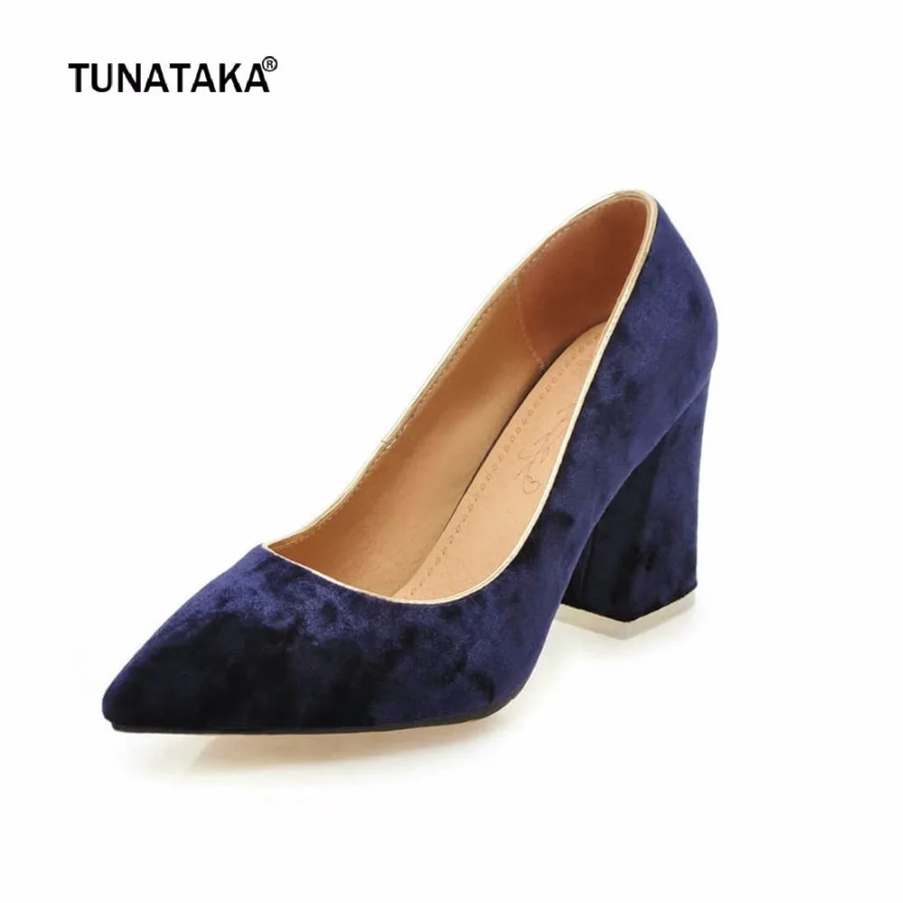 

Velvet Pointed Toe Chunky High Heels Slip On Fashion Women's Pumps Dress Spring Fall Shoes Black Red Purple