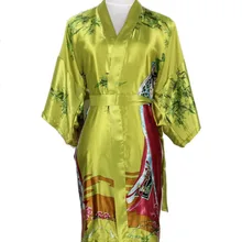 Лидер продаж зеленый китайский Для женщин длинный шелковый халат сексуальная кимоно юката платье Винтаж принт пижамы плюс Размеры размеры S M L XL XXL, XXXL nr095