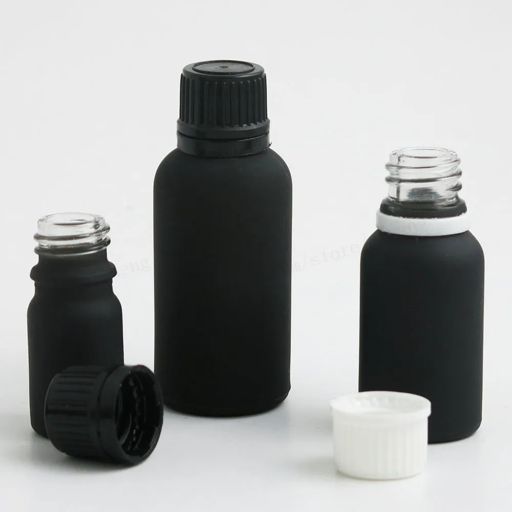 

5m 10ml 15ml 20ml 1oz 50ml 100ml Travel Matte Frost Black Essential Oil Bottle With Plastic Lids Cosmetic Containers 200pcs