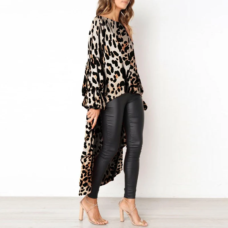 Women's Sexy Leopard Printing Dress 2019 Autumn Long Sleeve O-Neck Irregular Dresses Lantern Sleeve Female Casual Dress Vestidos