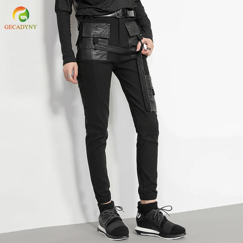 

Black Steampunk Pu Leather Pockets Stitching Harem Trousers Women High Waist Gothic Sreet Personality Pencil Pants Leggings