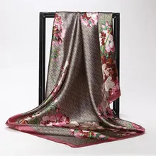 Женский шелковый шарф, модный цветочный принт, квадратный платок, шарфы для девушек, роскошный бренд, шали, Шелковый женский шарф, платок, сатиновый хиджаб, 90*90 см