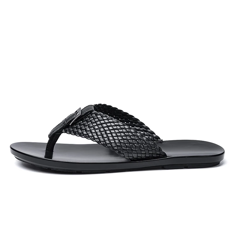 NINYOO/Летние вьетнамки; Мужская обувь; тканые Повседневные тапочки из натуральной кожи; нескользящая резиновая подошва; Классная черная пляжная обувь на плоской подошве; 44 - Цвет: black