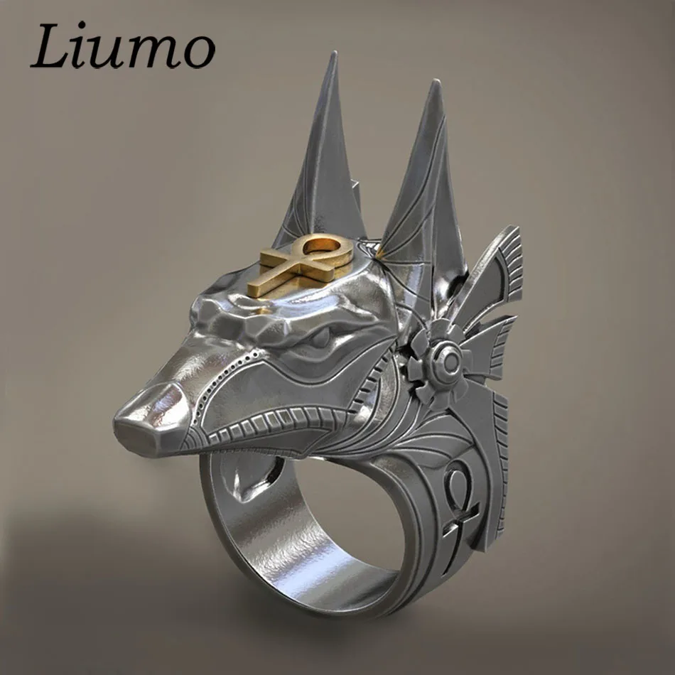 

Liumo Trendy Punk Style Anubis Ancient Egypt Wolf with Gold Color Cross Man Alloy Biker Ring Lr1033