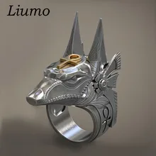 Liumo estilo Punk de moda Anubis Antiguo Egipto Lobo con Color dorado Cruz hombre aleación Biker anillo Lr1033