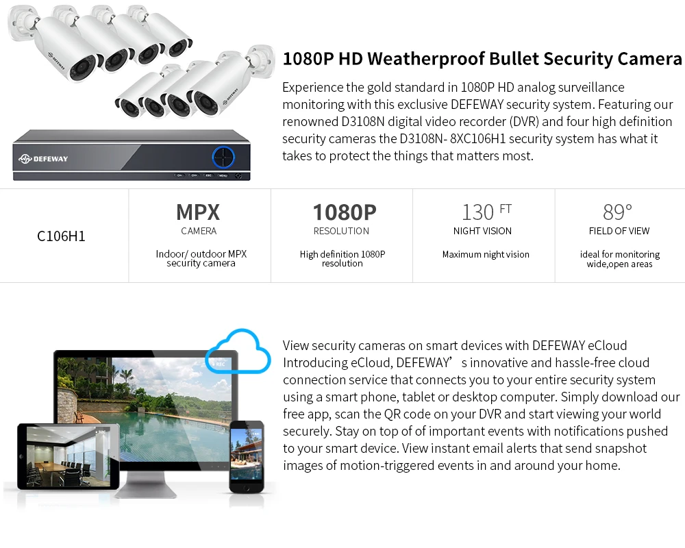 Система безопасности DEFEWAY CCTV HD 1080P 8CH DVR 8 шт. 2.0MP IR HD P2P ночная версия камеры 8 каналов комплект видеонаблюдения