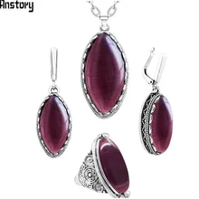 Глаз Форма темно-красный опал Ювелирные наборы Цепочки и ожерелья Серьги Кольца для Для женщин Винтаж Нержавеющая сталь цепи Модные украшения TS362