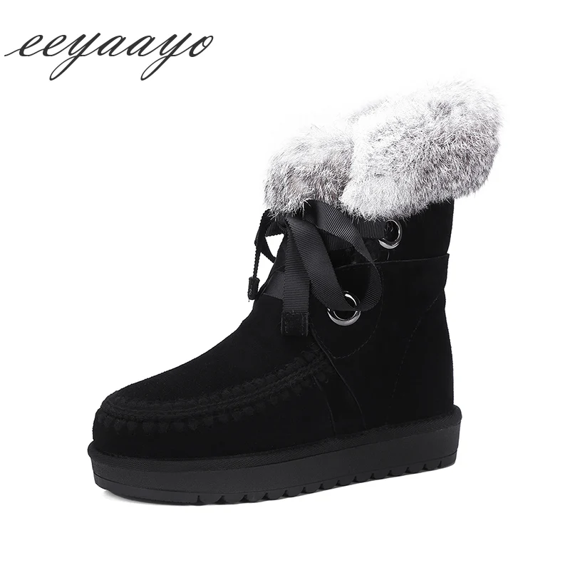 

2019 New Genuine Leather Winter Women Ankle Boots Middle Flats Heel Real Fur Wool Lining Women Cow Suede Shoes Black Snow Boots