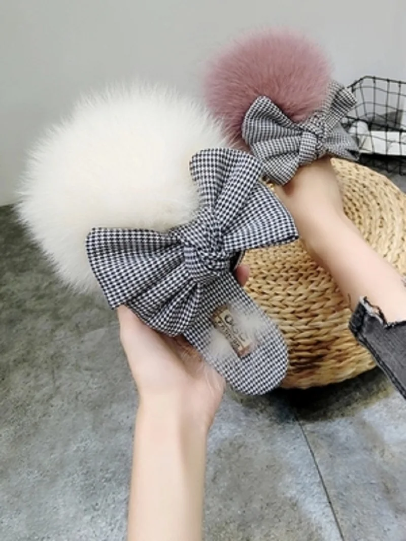 

Autumn new fox fur shoes plaid Baotou bow half shoes outdoor slippers flat women's shoes tide