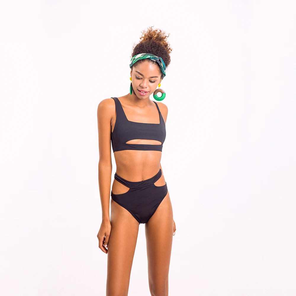 black Summer Sexy Cut Out Bandeau Bikini Set Push Up Swimwear Women Swimsuit Female High Waist Bathing Suits Swimming Suit - Цвет: black