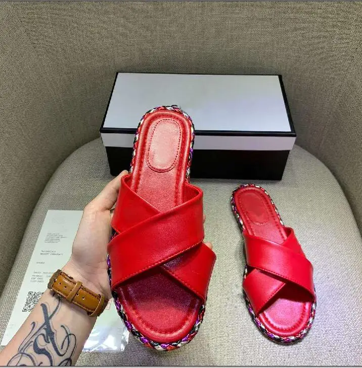 

2019 summer new leather cross with open toe slippers fashion woven color matching lace flat female slippers