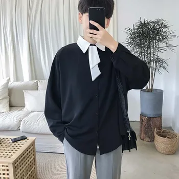 

YASUGUOJI New 2019 England Style Men Autumn Oversize Shirt with Collar Long Sleeve Loose Man Shirts High Quality Camisas Hombre