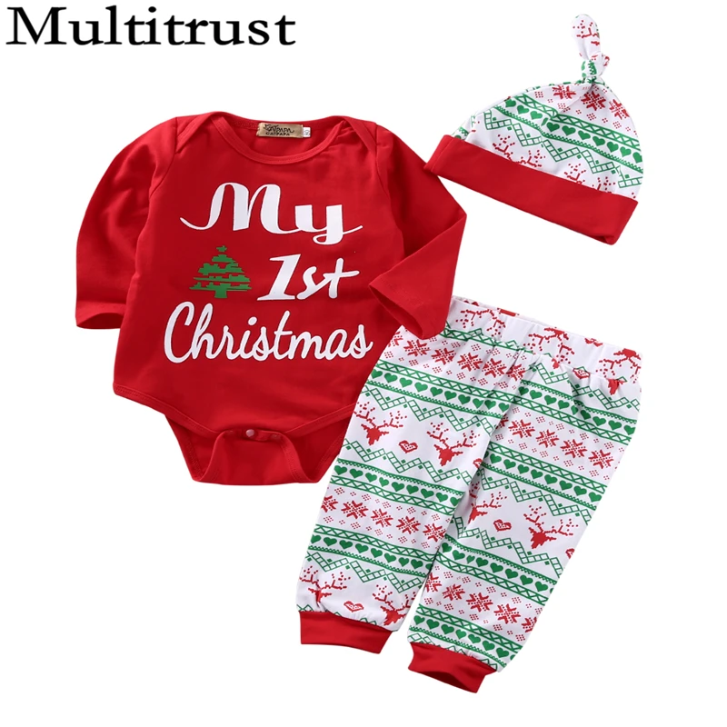 Г., бренд Multitrust, комбинезон для новорожденных мальчиков и девочек на Рождество, красный топ, штаны, шляпа, наряды осенний Рождественский комплект одежды SS