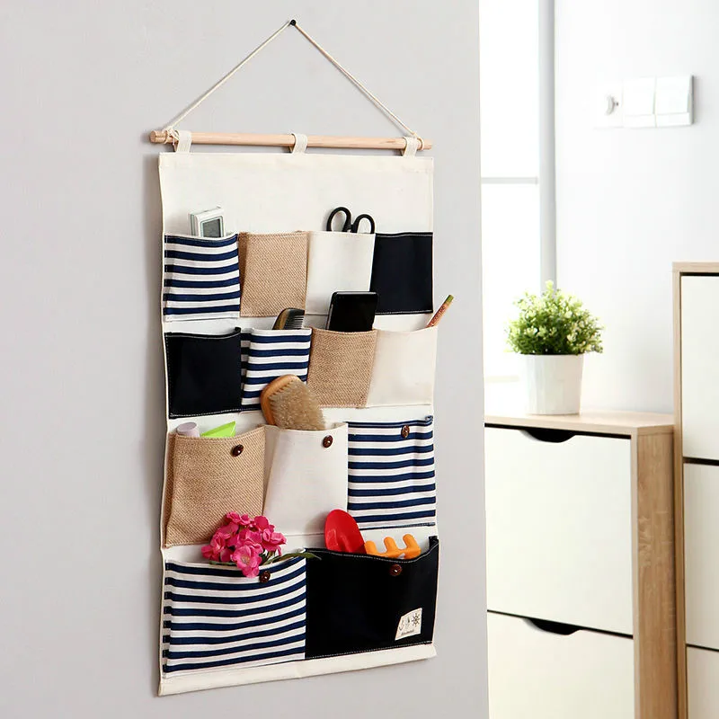 Pocket Wall Hanging Organizer Bag Linen Stripe Multi Layer Practical Storage Box