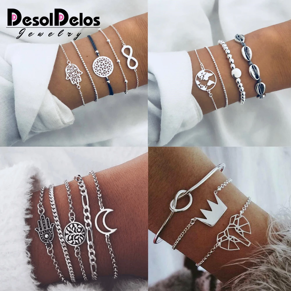 

Silver Chain Bracelets For Women Men Tree Moon Palm Charm Bracelets Sets 2019 New Boho Jewelry Gifts Bohemia 5pcs/set