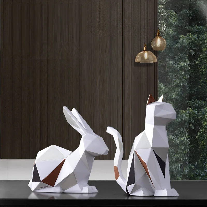 Modern Resin Origami Rabbit Cat Statues Art Sculpture Geometric Animals Crafts TV Cabinet Office Garden Decoration R855