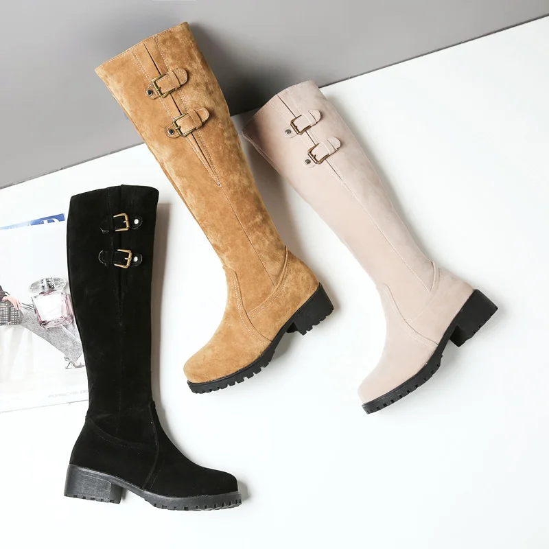 Большие размеры 34-43, обувь женские зимние сапоги до колена сапоги на высоком каблуке с металлической пряжкой плотные Меховые Туфли зимние высокие сапоги женская обувь, m351